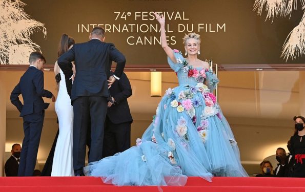 Sharon Stone In a Blue Gown With Multi-Coloured Flowers at Cannes Film Festival 2021